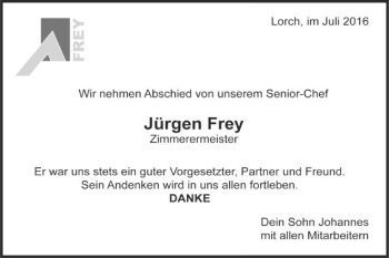 Traueranzeige von Jürgen Frey von Gmünder Tagespost