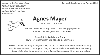 Traueranzeige von Agnes Mayer von Schwäbische Post