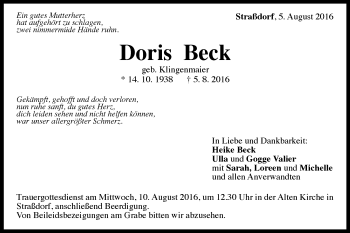 Traueranzeige von Doris Beck von Gmünder Tagespost