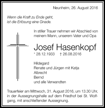 Traueranzeige von Josef Hasenkopf von Schwäbische Post