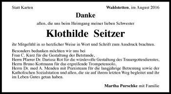 Traueranzeige von Klothilde Seitzer von Gmünder Tagespost