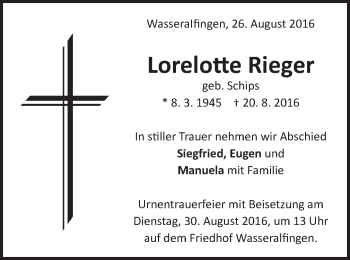 Traueranzeige von Lorelotte Rieger von Schwäbische Post