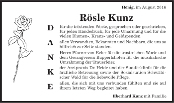 Traueranzeige von Rösle Kunz von Gmünder Tagespost
