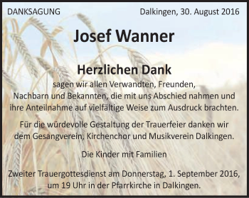 Traueranzeige von Josef Wanner von Schwäbische Post