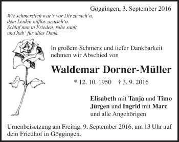 Traueranzeige von Waldemar Dorner-Müller von Gmünder Tagespost