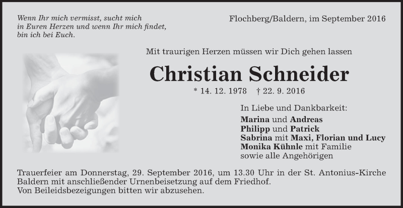  Traueranzeige für Christian Schneider vom 26.09.2016 aus Schwäbische Post