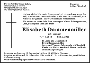 Traueranzeige von Elisabeth Dammenmiller von Gmünder Tagespost