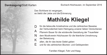 Traueranzeige von Mathilde Kliegel von Gmünder Tagespost