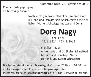 Traueranzeige von Dora Nagy von Gmünder Tagespost