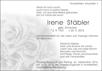 Traueranzeige von Irene Stäbler von Gmünder Tagespost