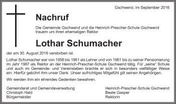 Traueranzeige von Lothar Schumacher von Gmünder Tagespost