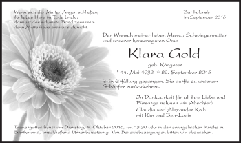Traueranzeige von Klara Gold von Gmünder Tagespost