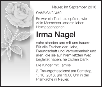 Traueranzeige von Irma Nagel von Schwäbische Post