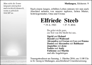 Traueranzeige von Elfriede Steeb von Gmünder Tagespost