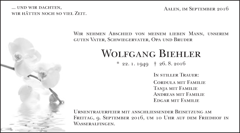  Traueranzeige für Wolfgang Biehler vom 07.09.2016 aus Schwäbische Post