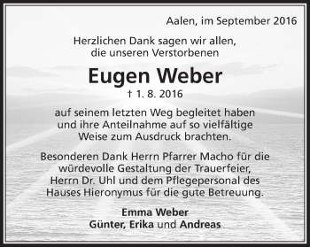 Traueranzeige von Eugen Weber von Schwäbische Post