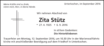 Traueranzeige von Zita Stütz von Schwäbische Post