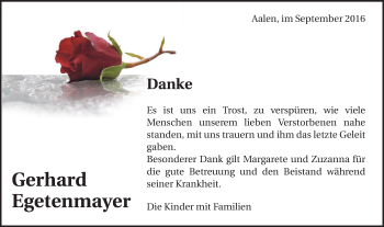 Traueranzeige von Gerhard Egetenmayer von Schwäbische Post