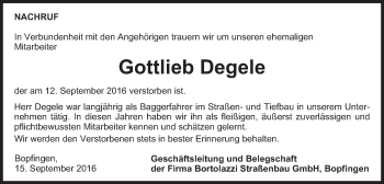 Traueranzeige von Gottlieb Degele von Schwäbische Post