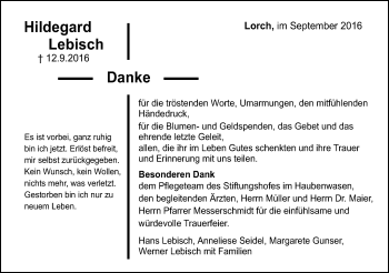 Traueranzeige von Hildegard Lebisch von Gmünder Tagespost