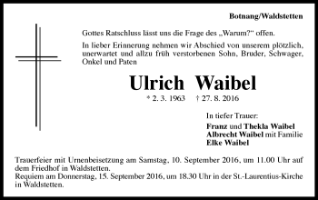 Traueranzeige von Ulrich Waibel von Gmünder Tagespost