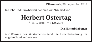 Traueranzeige von Herbert Ostertag von Schwäbische Post