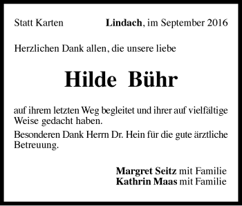 Traueranzeige von Hilde Bühr von Gmünder Tagespost
