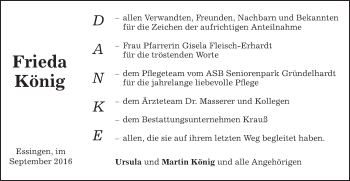 Traueranzeige von Frieda König von Schwäbische Post