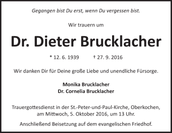 Traueranzeige von Dieter Brucklacher von Amtsblatt_Oko