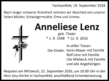 Traueranzeige von Anneliese Lenz von Schwäbische Post