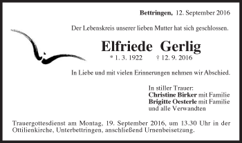 Traueranzeige von Elfriede Gerlig von Gmünder Tagespost