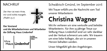 Traueranzeige von Christina Wagner von Gmünder Tagespost