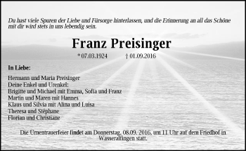 Traueranzeige von Franz Preisinger von Schwäbische Post