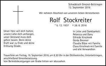 Traueranzeige von Rolf Stockreiter von Gmünder Tagespost
