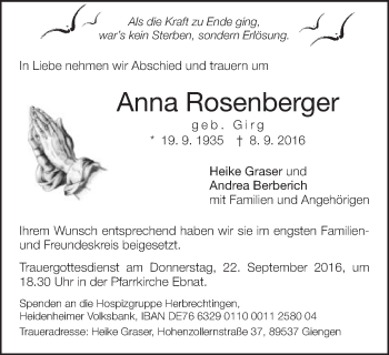 Traueranzeige von Anna Rosenberger von Schwäbische Post