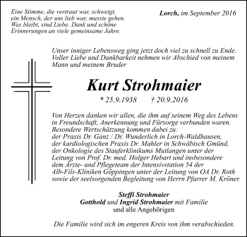 Traueranzeige von Kurt Strohmaier von Gmünder Tagespost
