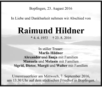 Traueranzeige von Raimund Hildner von Schwäbische Post