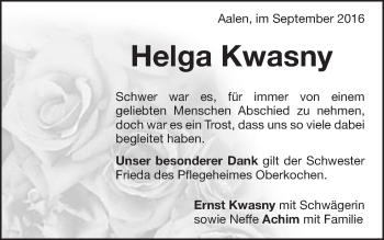 Traueranzeige von Helga Kwasny von Schwäbische Post