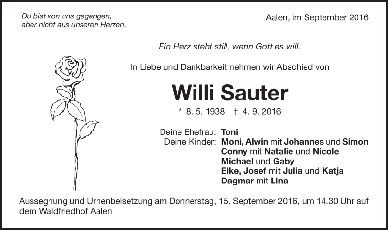  Traueranzeige für Willi Sauter vom 12.09.2016 aus Schwäbische Post