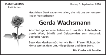 Traueranzeige von Gerda Wachsmann von Schwäbische Post