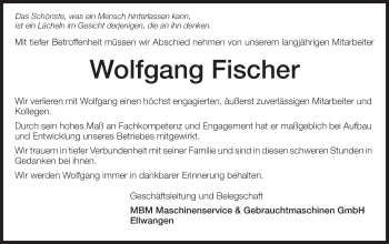 Traueranzeige von Wolfgang Fischer von Schwäbische Post