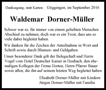 Traueranzeige von Waldemar Dorner-Müller von Gmünder Tagespost
