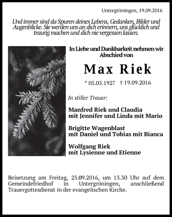 Traueranzeige von Max Riek von Gmünder Tagespost