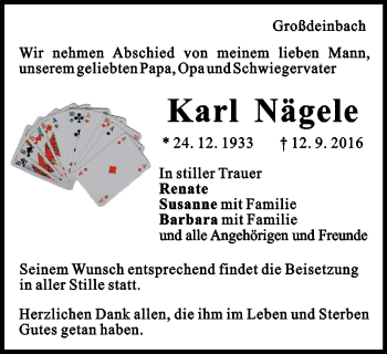 Traueranzeige von Karl Nägele von Gmünder Tagespost