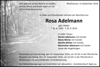 Traueranzeige von Rosa Adelmann von Schwäbische Post