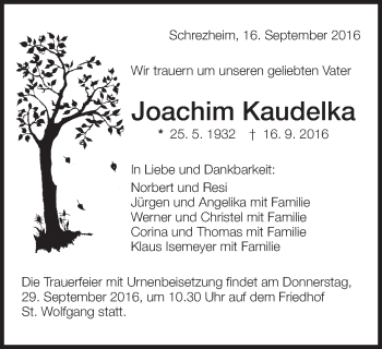 Traueranzeige von Joachim Kaudelka von Schwäbische Post