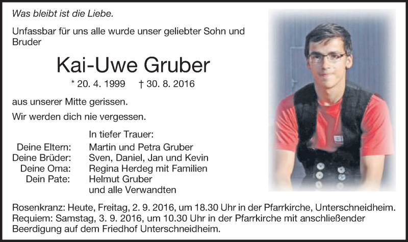  Traueranzeige für Kai-Uwe Gruber vom 02.09.2016 aus Schwäbische Post