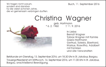 Traueranzeige von Christina Wagner von Gmünder Tagespost