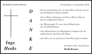 Traueranzeige von Inge Heeks von Gmünder Tagespost