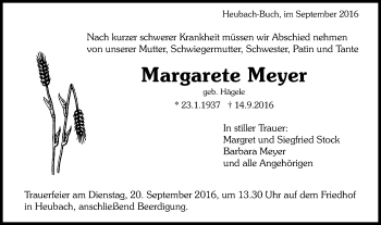 Traueranzeige von Margarete Meyer von Schwäbische Post